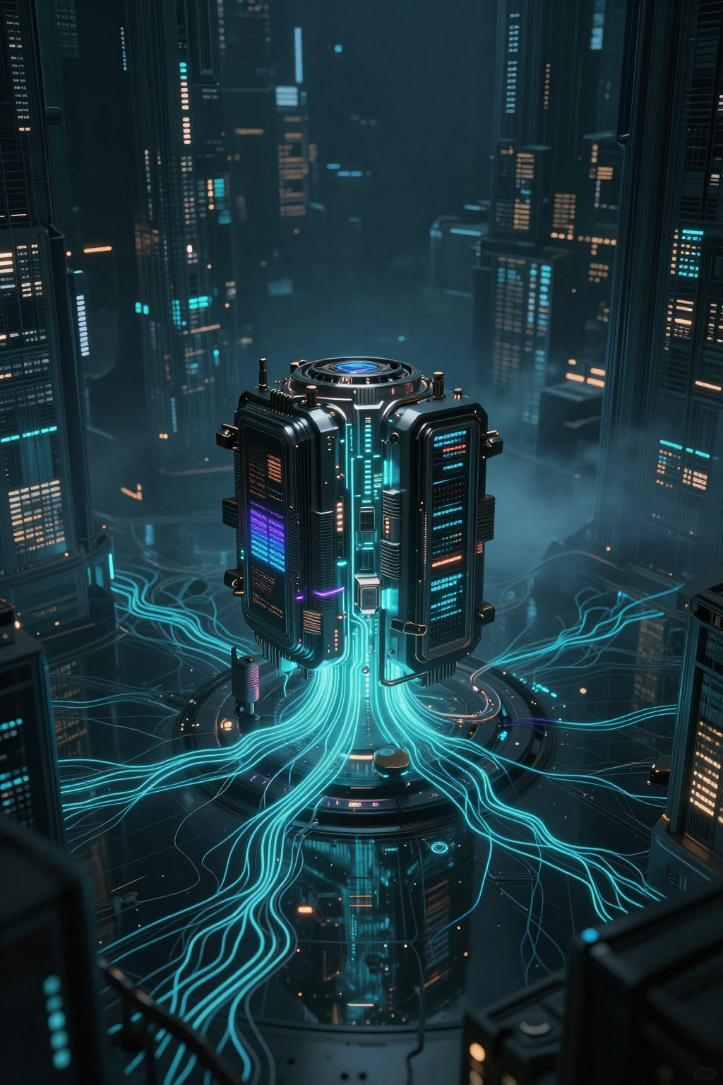 An underground AI computation network lighting up like futuristic city veins