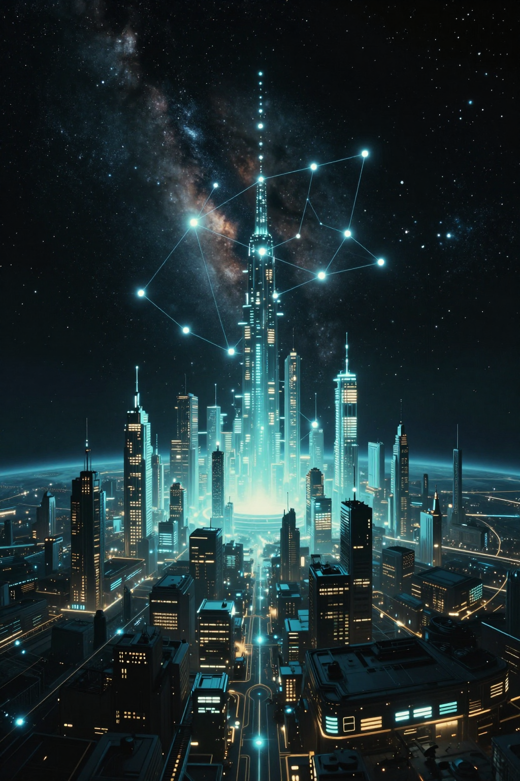 A future city pulling back into a planetary light network and deep space