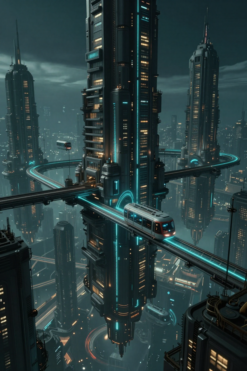 A floating futuristic city with holographic transit rails and starport bridges