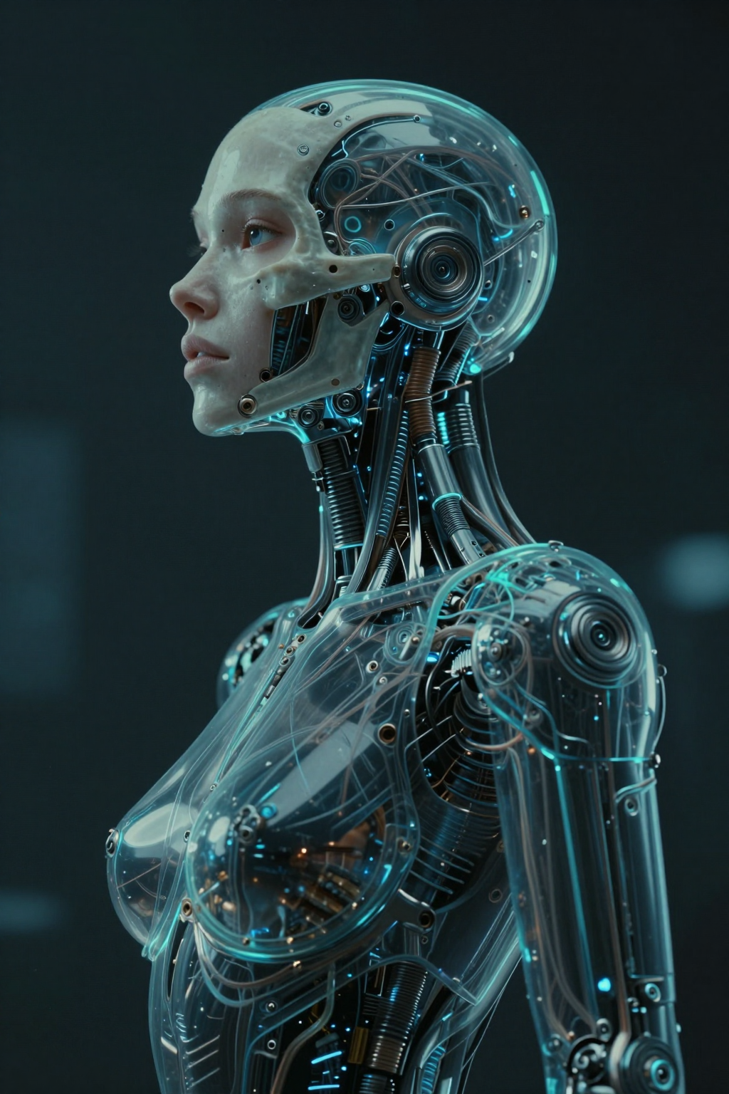 A conscious digital life awakening inside an elegant android shell