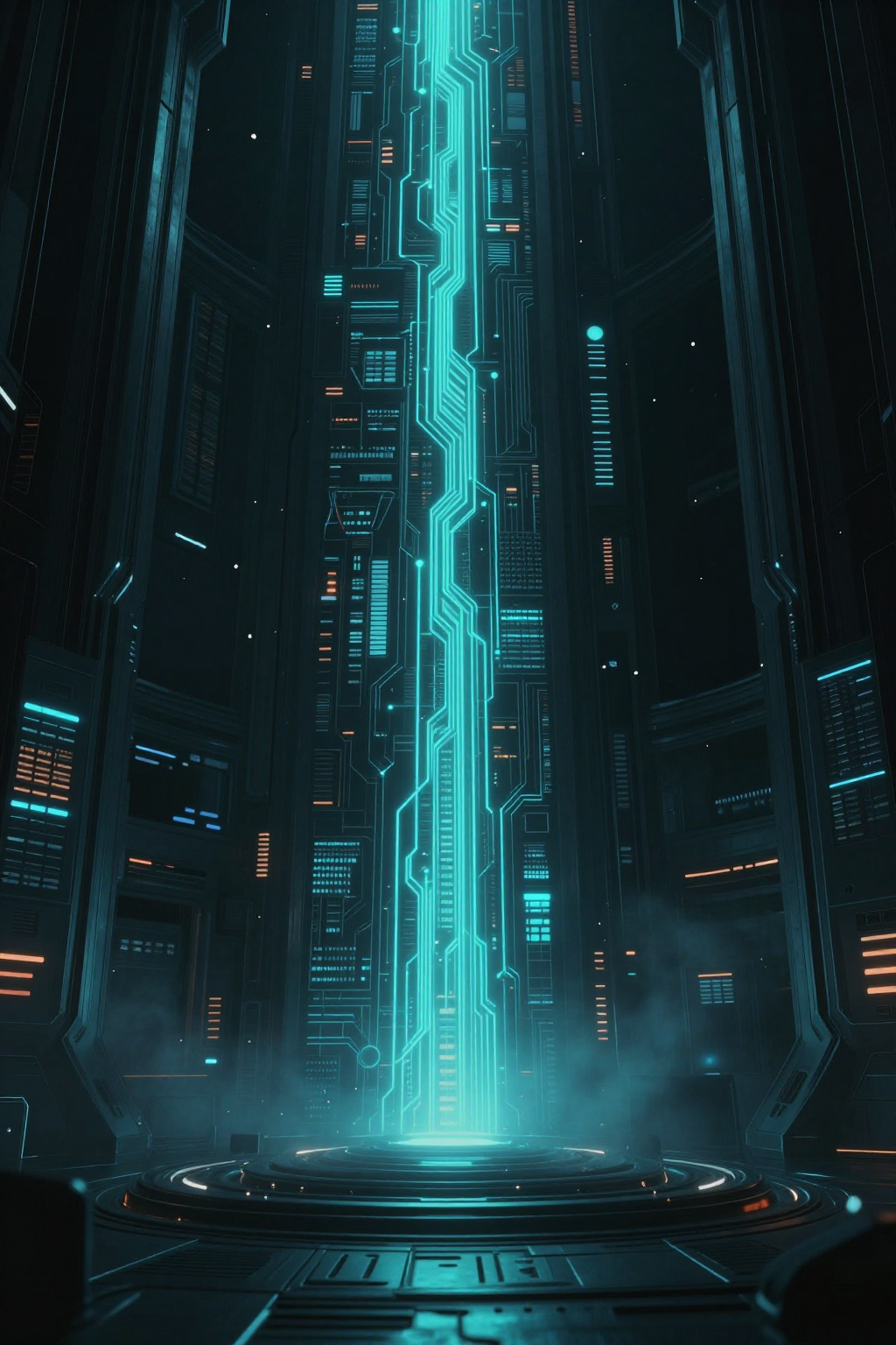 A future civilization control center awakening from darkness with a first neural light beam